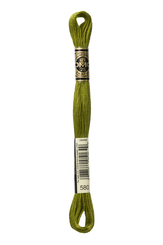 DMC embroidery floss spool in green on a white background