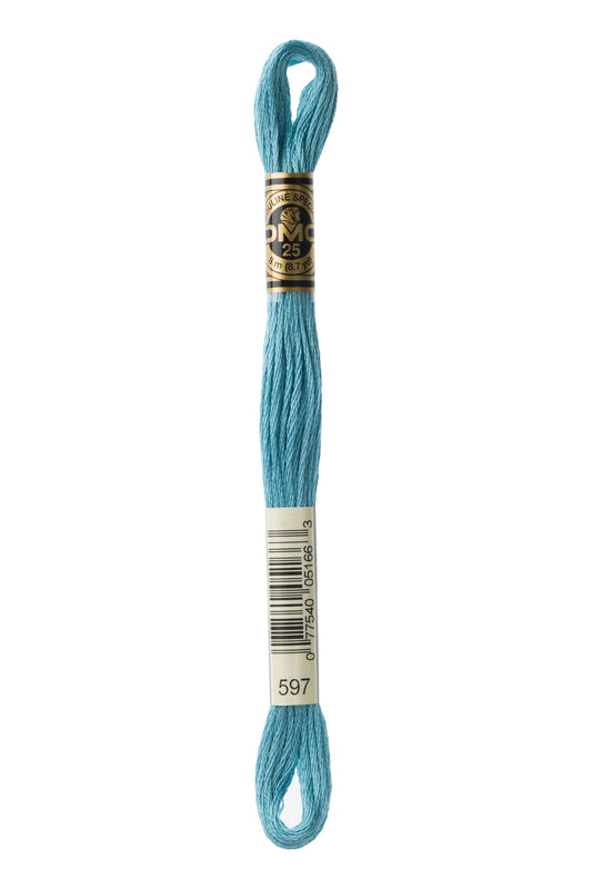 Light blue embroidery floss on a white background
