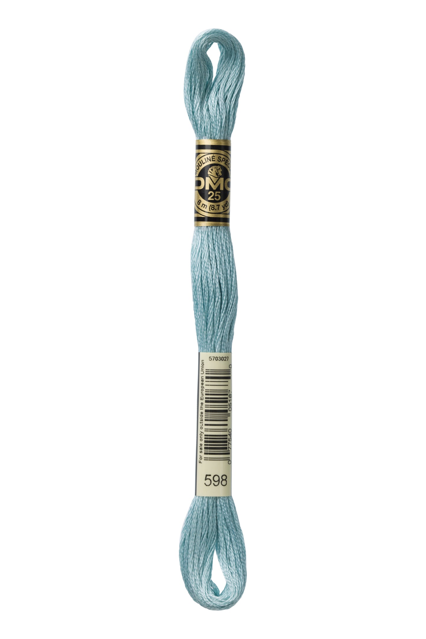 Light blue skein of embroidery floss with a brand label on a white background