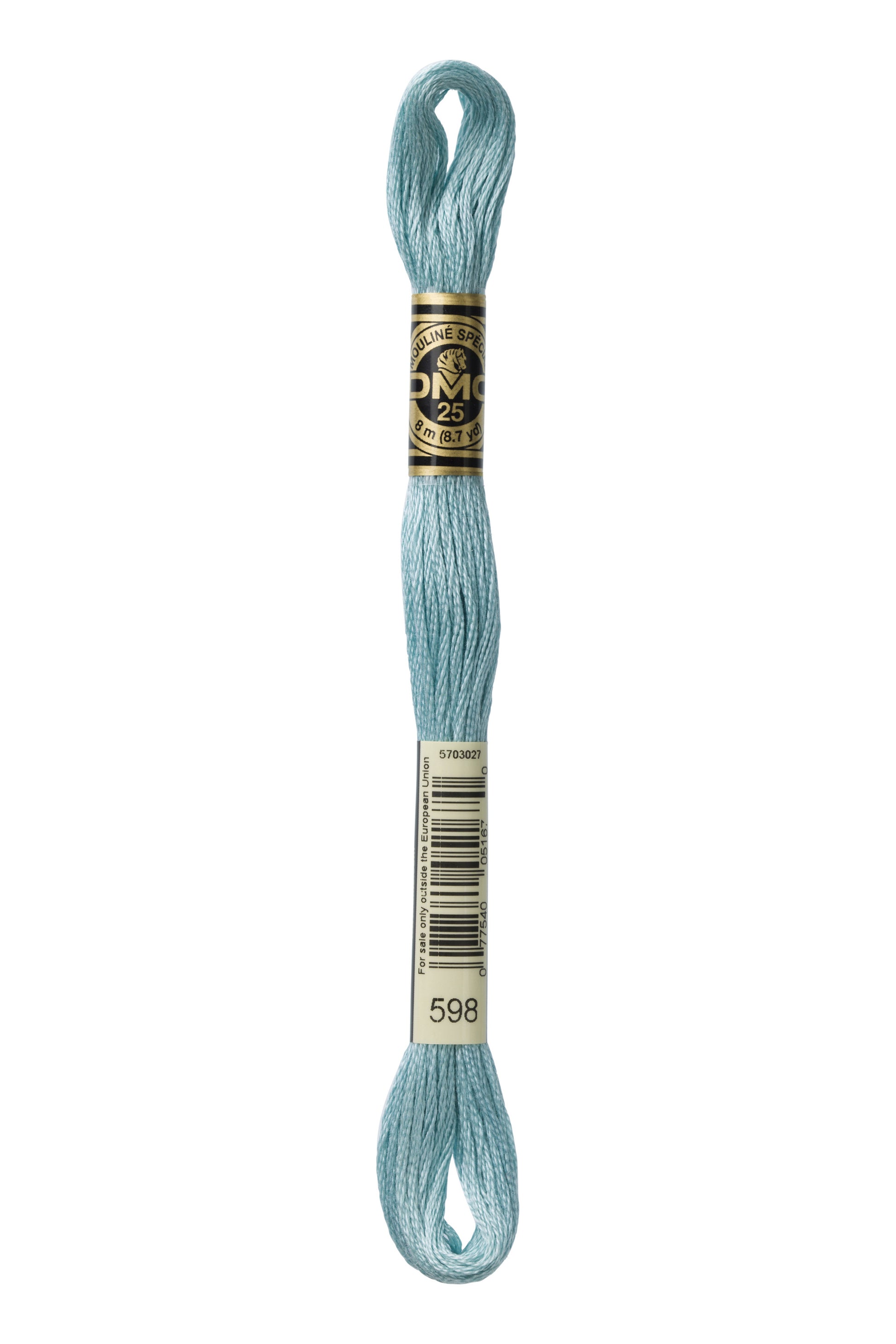 Light blue skein of embroidery floss with a brand label on a white background