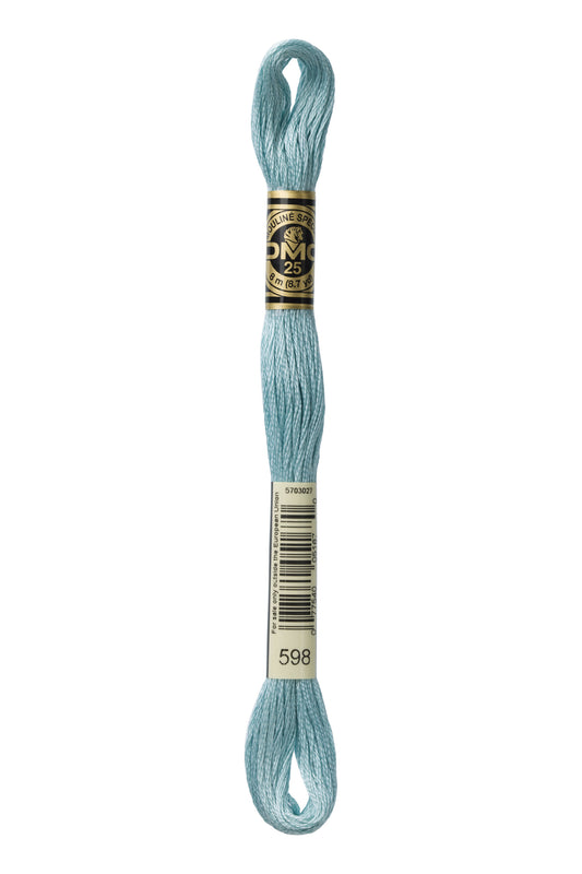 Light blue skein of embroidery floss with a brand label on a white background