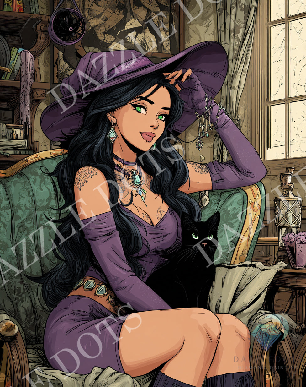 A stylized illustration of a woman in a purple witch hat and matching purple outfit sitting on a green armchair with a black cat on her lap. The scene is set in a cozy, vintage-style room with bookshelves and a window.