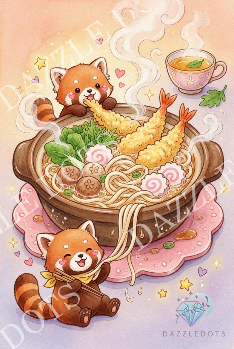 A cute illustrated scene of a bowl of ramen with tempura and greens, surrounded by two cartoon red pandas and a small cup of tea on a pastel background. The image has visible 'DazzleDots' watermarks and a 'Dazzledots' logo in the lower right.