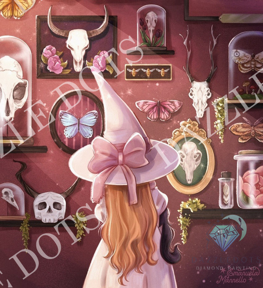 A whimsical illustration of a young girl with long orange-blonde hair wearing a tall pink witch hat with a large bow, viewed from behind as she looks down the hallway. The background is a dark pink wall decorated with skulls, butterflies, glass domes, and framed art.