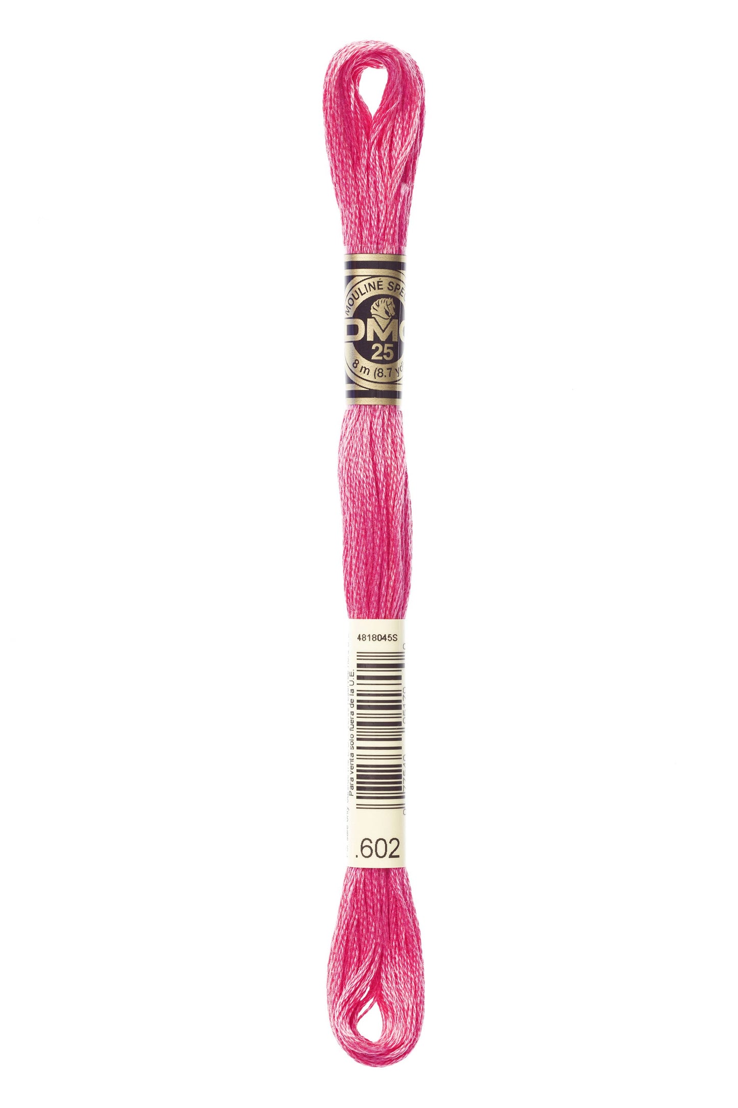 Pink embroidery floss spool with a brand label on a white background