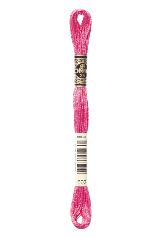 Pink embroidery floss spool with a brand label on a white background