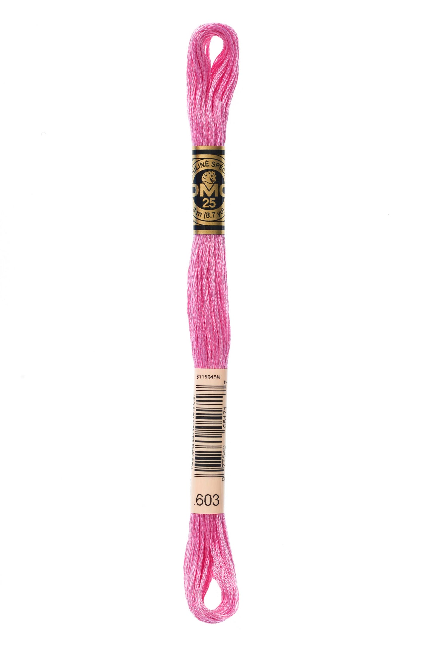 Pink embroidery floss spool with a wooden handle on a white background