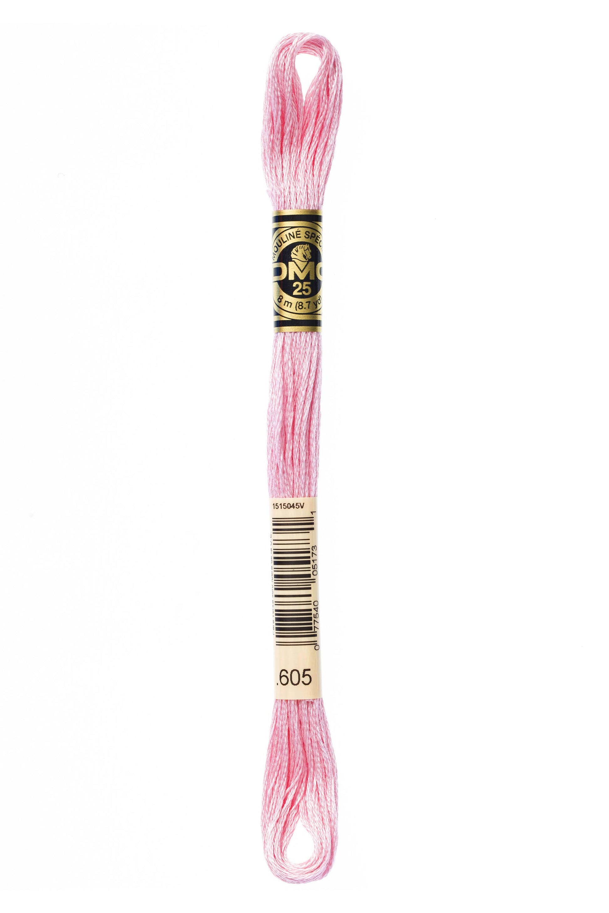 Pink embroidery floss spool with a gold label on a white background