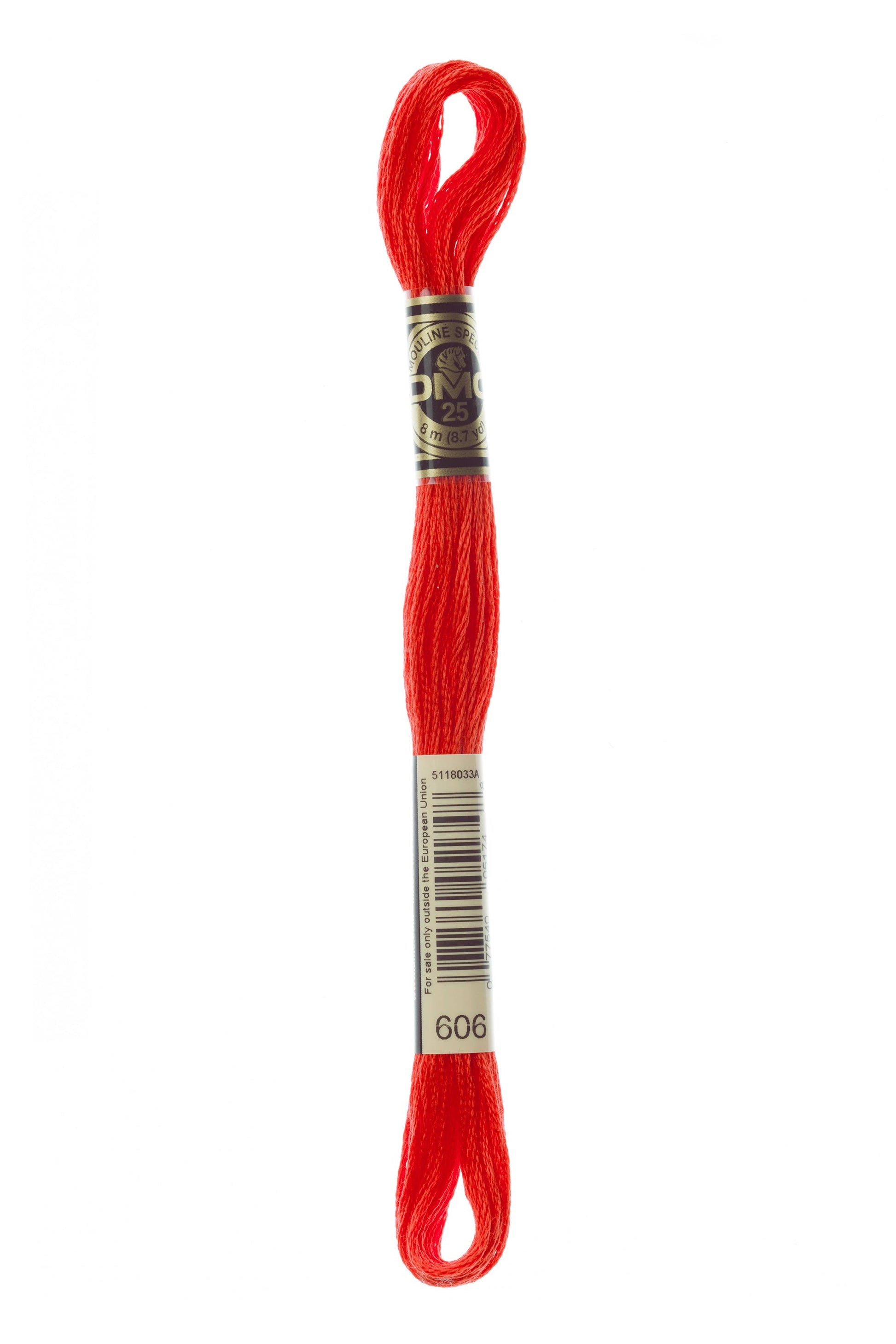 Red embroidery floss spool with a label on a white background