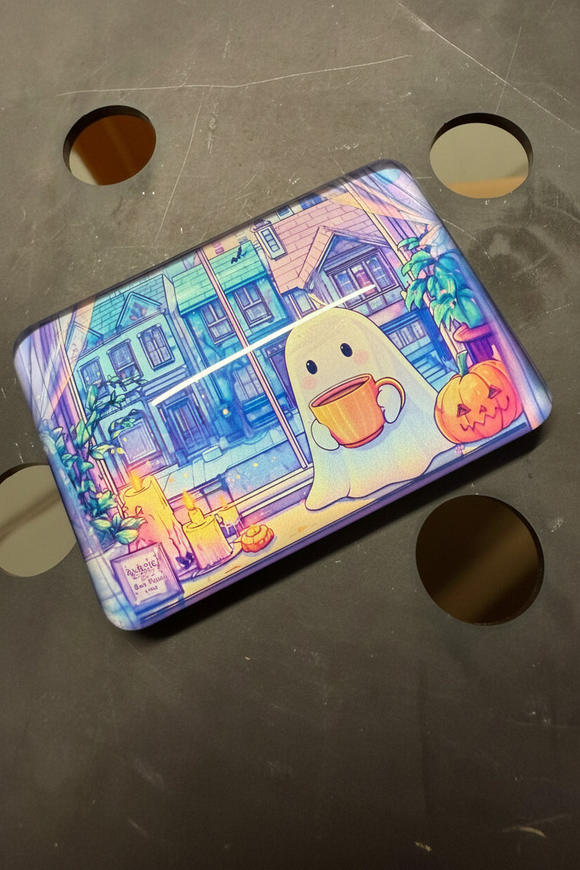 Colorful Halloween-themed phone case with ghost and pumpkin design on a dark surface