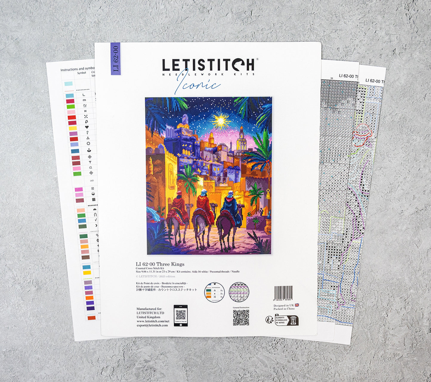 Letistitch embroidery kit packaging with color chart and pattern on a gray background