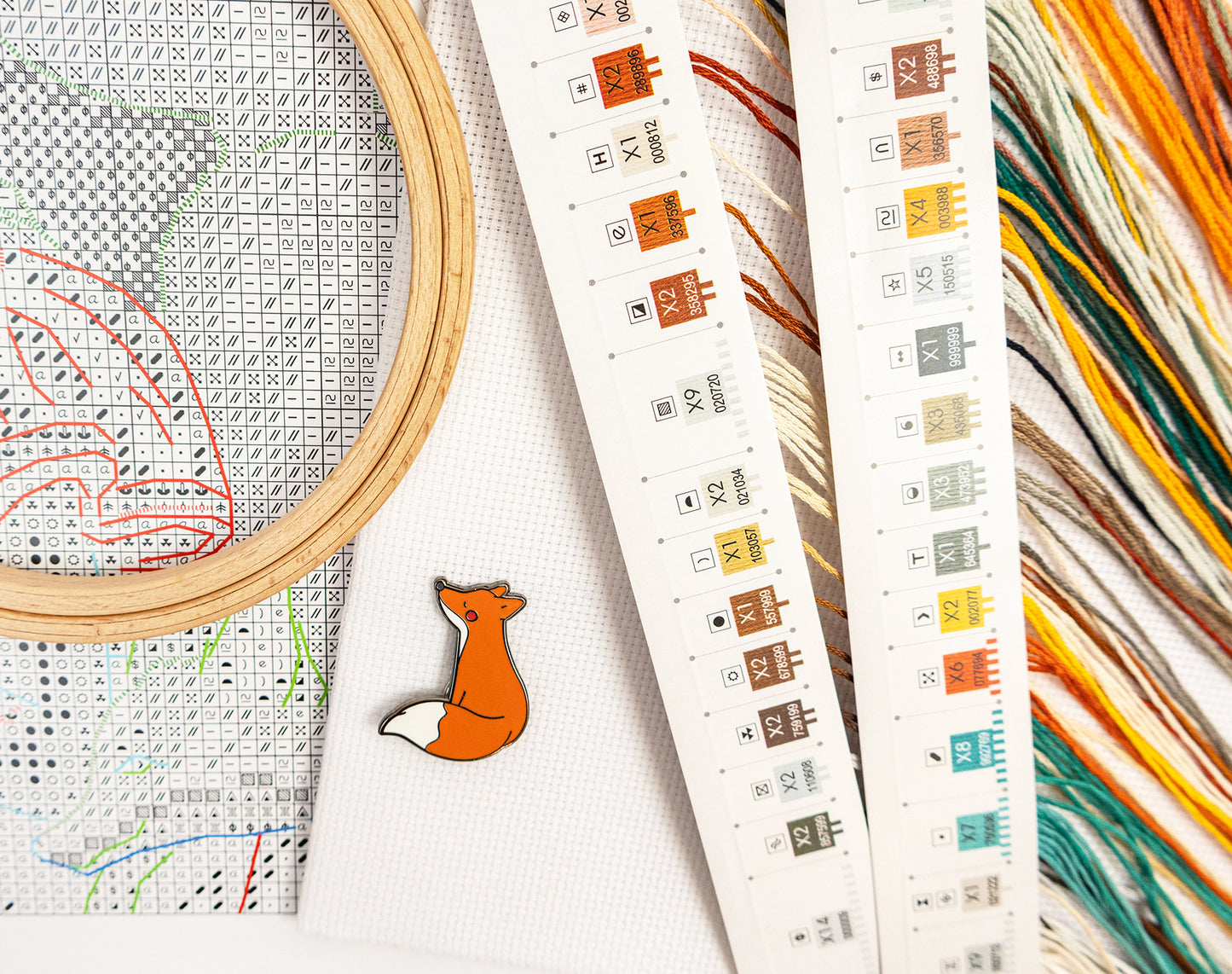 Cross-stitching materials including a hoop, fabric with a fox design, and colorful threads on a white background.
