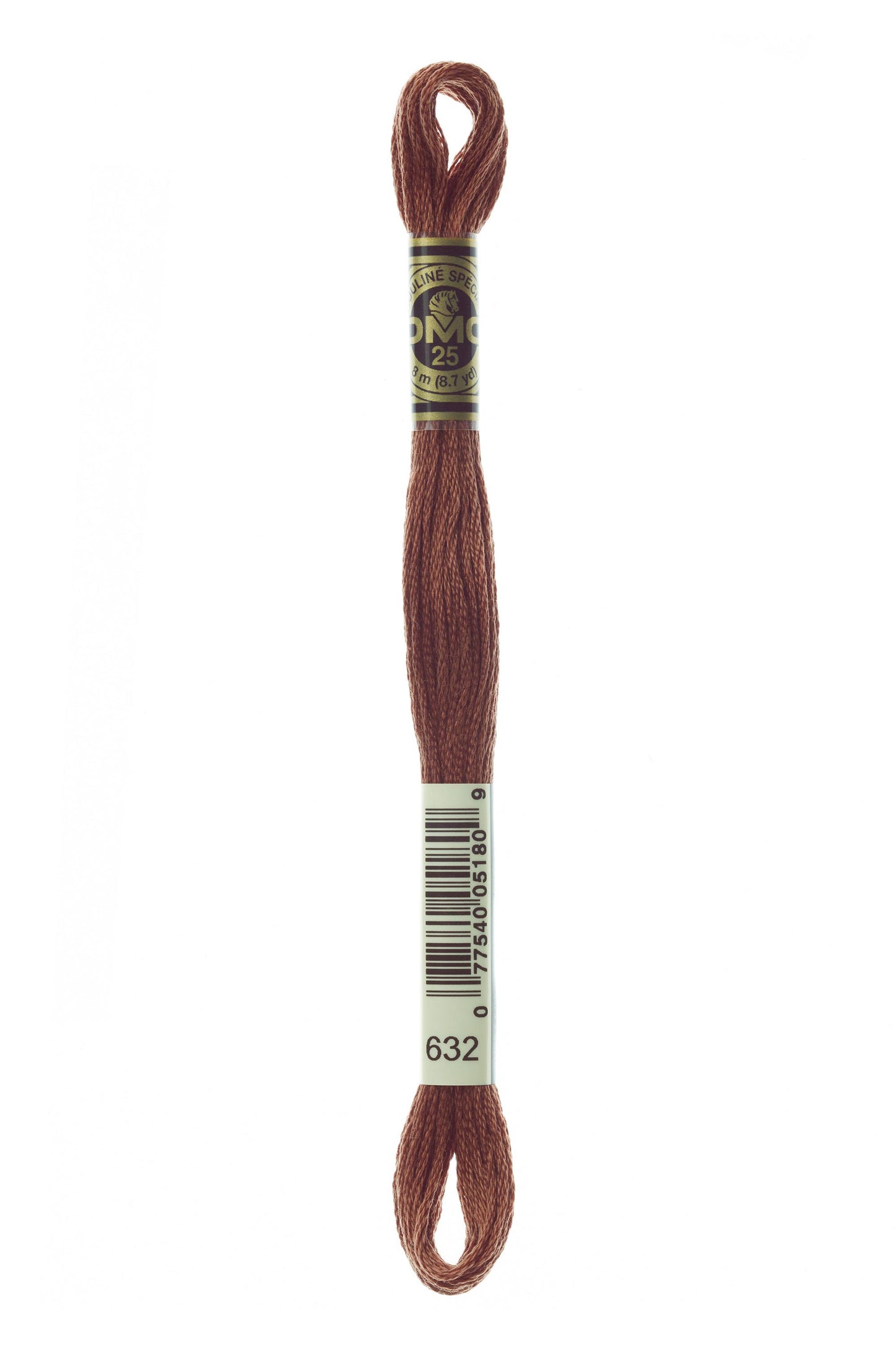 Brown embroidery floss spool with a label on a white background