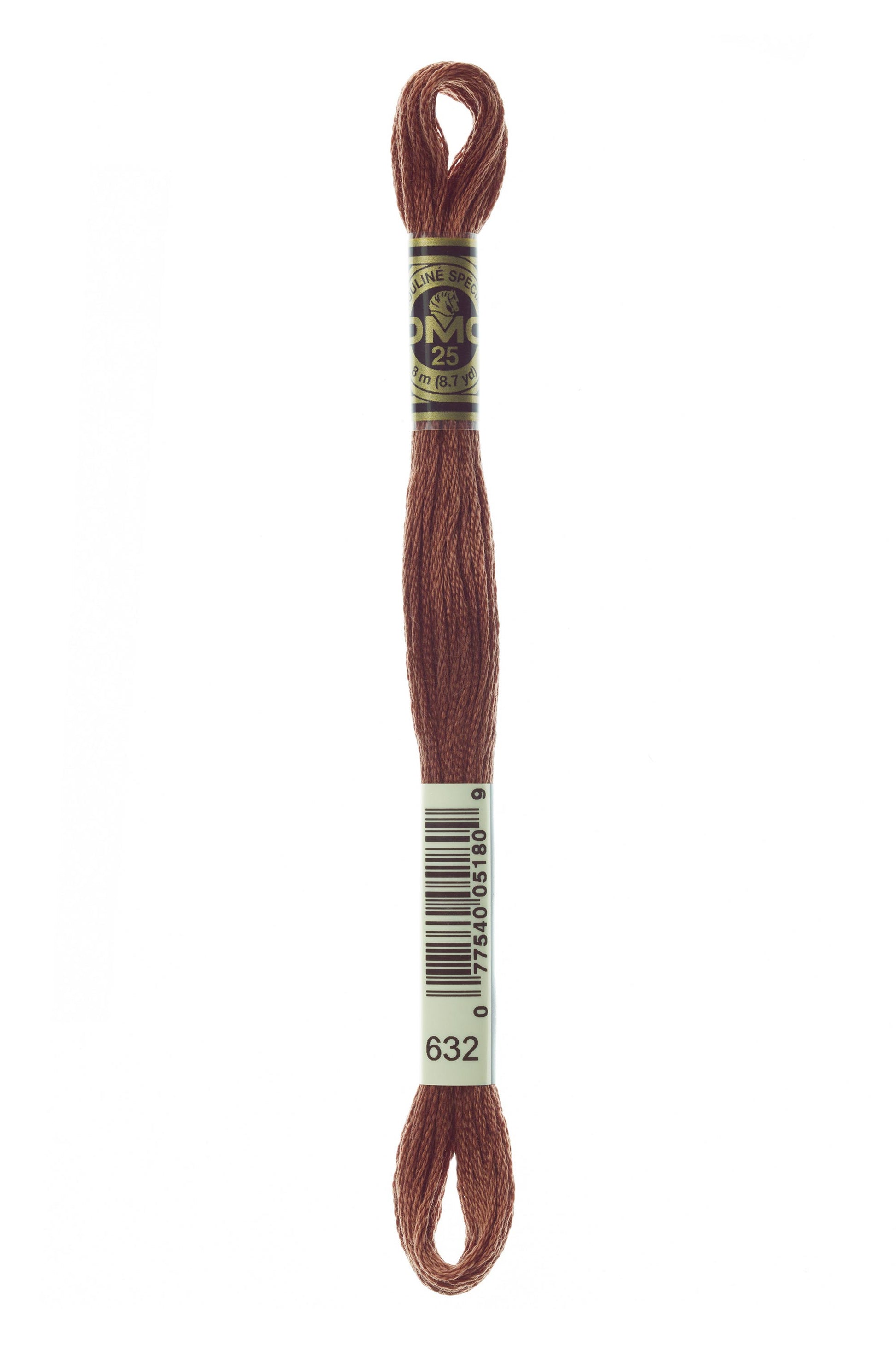 Brown embroidery floss spool with a label on a white background