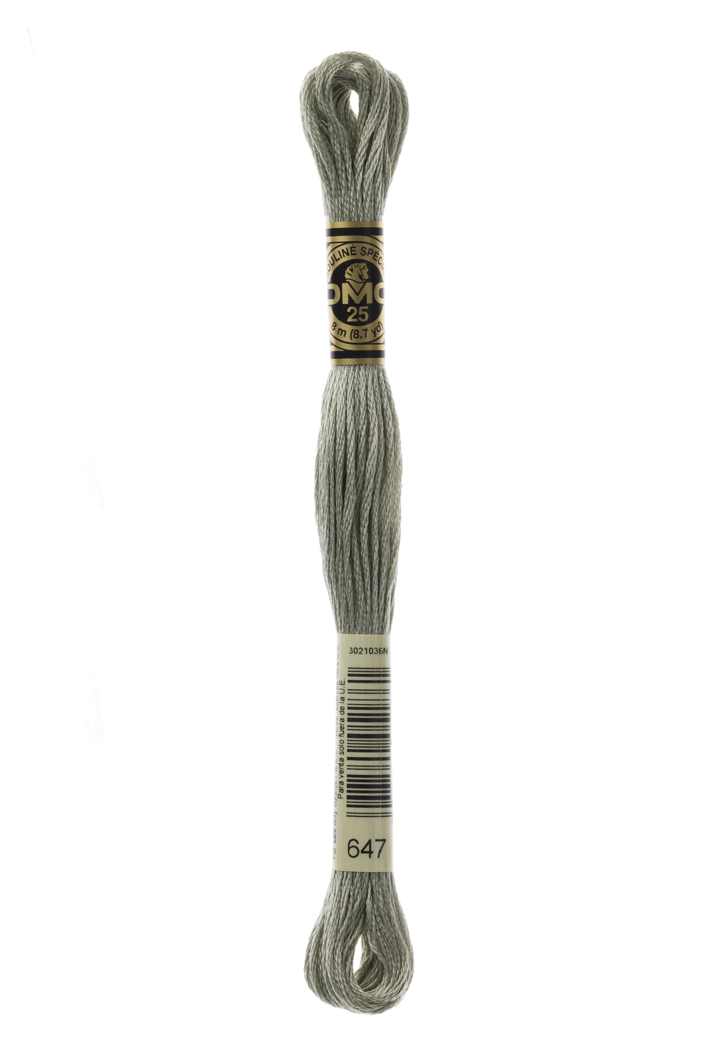 Gray embroidery floss spool with a brand label on a white background
