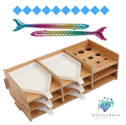 Wooden organizer for diamond painting with compartments, colorful fishing diamond painting stylus Dazzledots logo