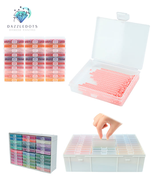 Set of colorful diamond art dots with a clear storage case organiser on a white background, featuring the Dazzledots brand.