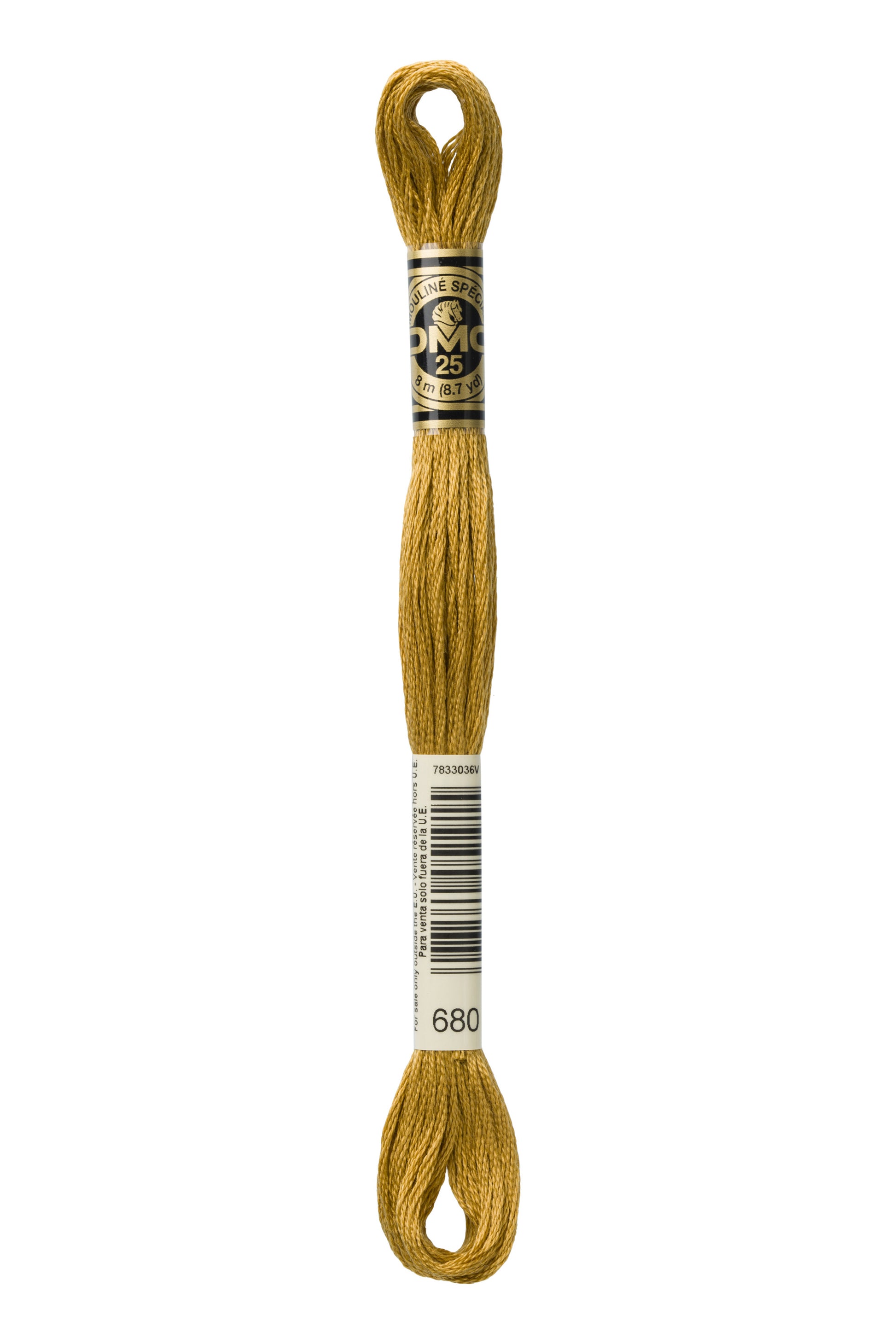 Gold embroidery floss spool with a label on a white background