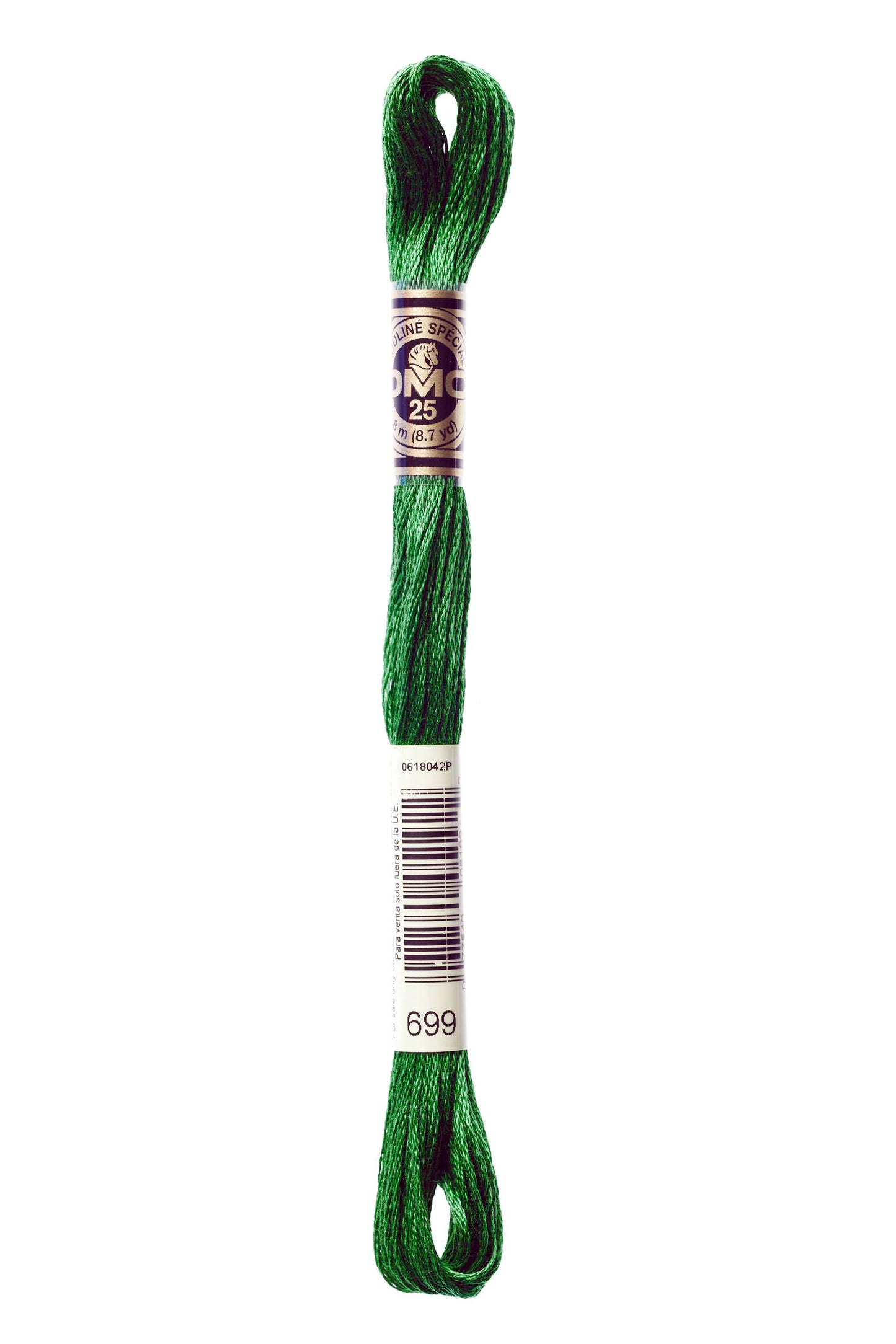 Green embroidery floss spool with a purple label on a white background