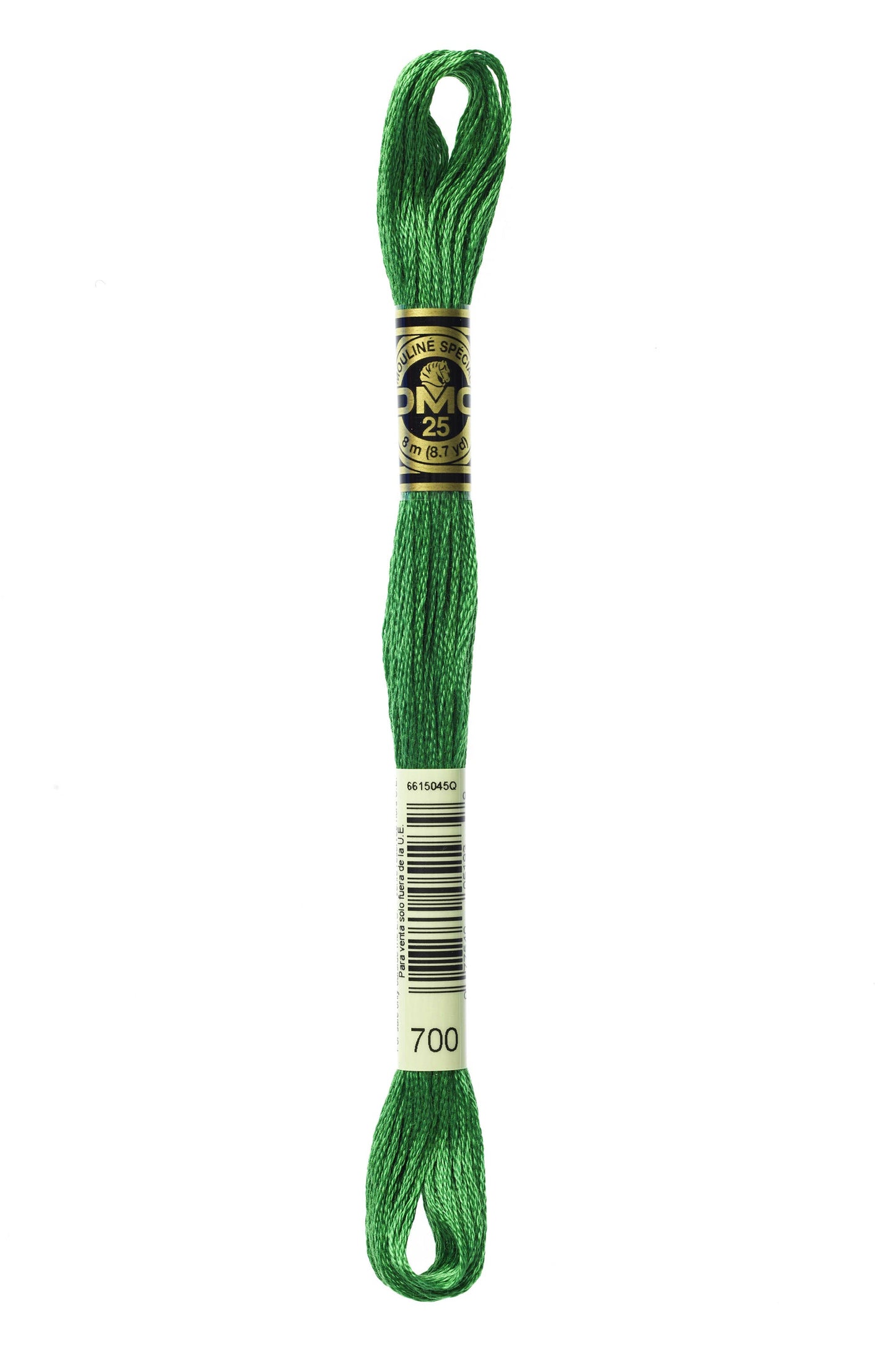 Green embroidery floss spool with a brand label on a white background
