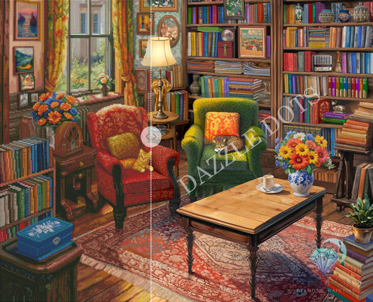Diamond painting of a Colorful living room with bookshelves, chairs, and a coffee table.