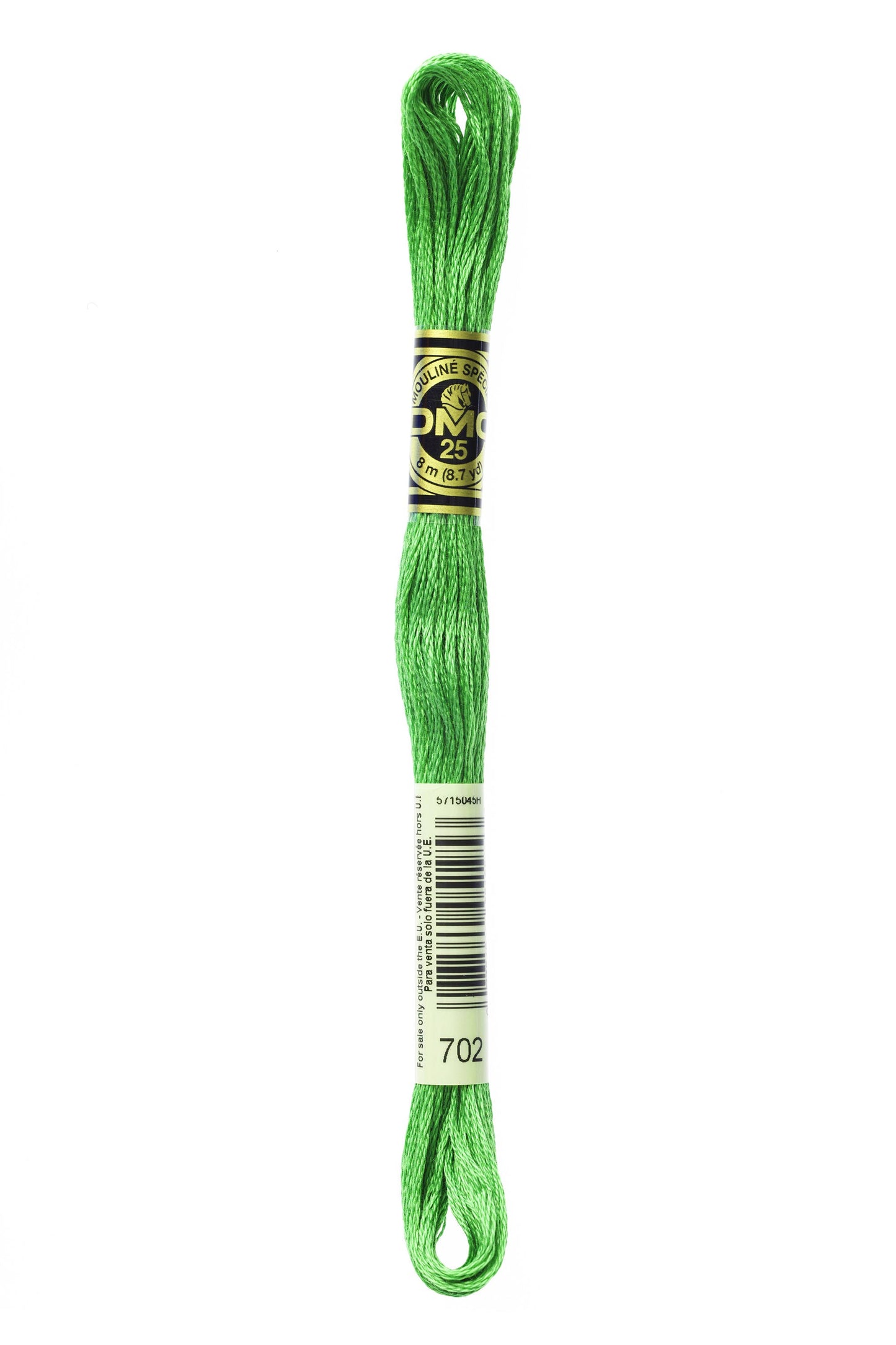 Green embroidery floss spool with a label on a white background