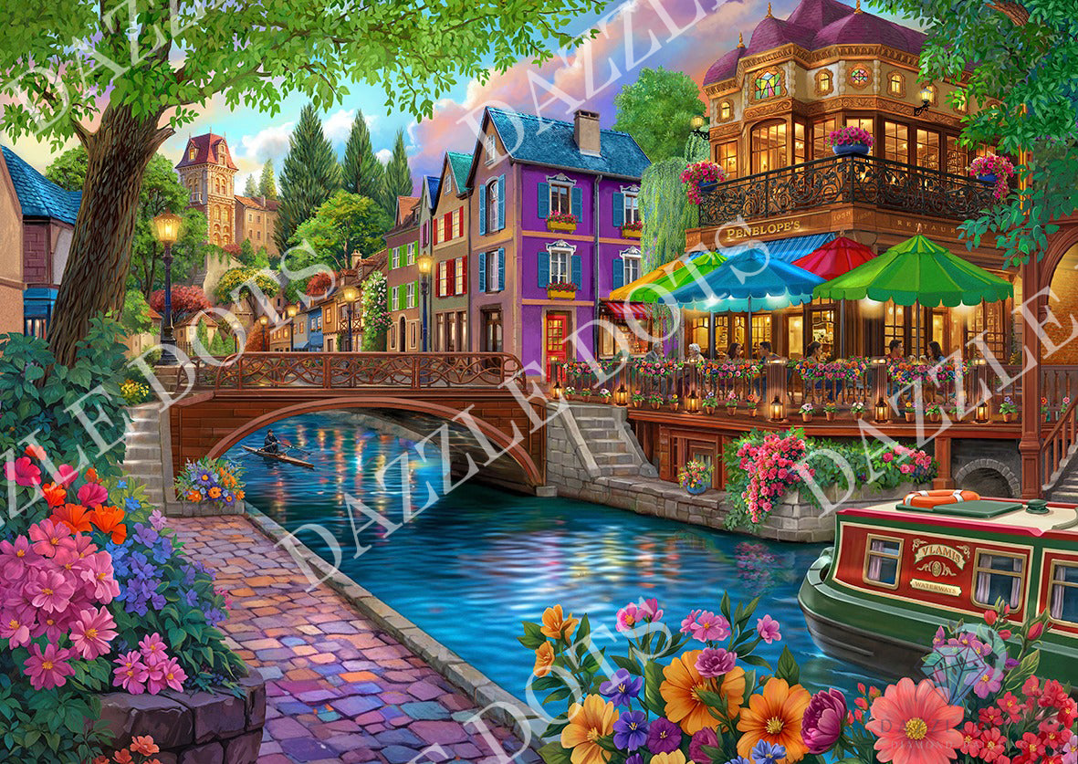 A colorful scenic artwork of a canal-side town with buildings, a bridge, flowers, trees, and a boat. The scene is highly detailed and painterly, with no visible person or real photographed environment.