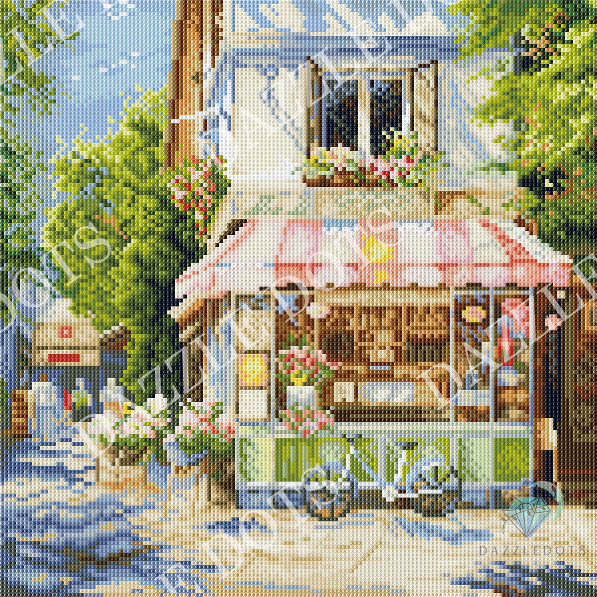 A pixelated diamond artwork depicting a quaint street-side shop with a pink-and-white awning, flower boxes, greenery, and a bicycle in the foreground. The scene fills the frame, and a faint repeating watermark is visible across the image.