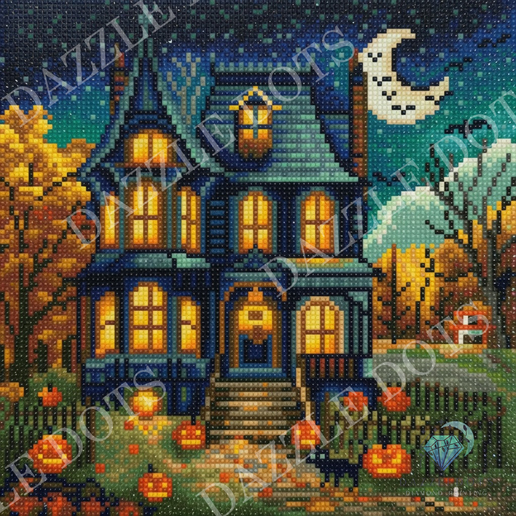 diamond art club illustration of a haunted house at night with glowing windows, pumpkins, bare trees, a crescent moon, and a small ghost in the sky. A repeated 'DAZZLE DARTS' watermark overlays the artwork.