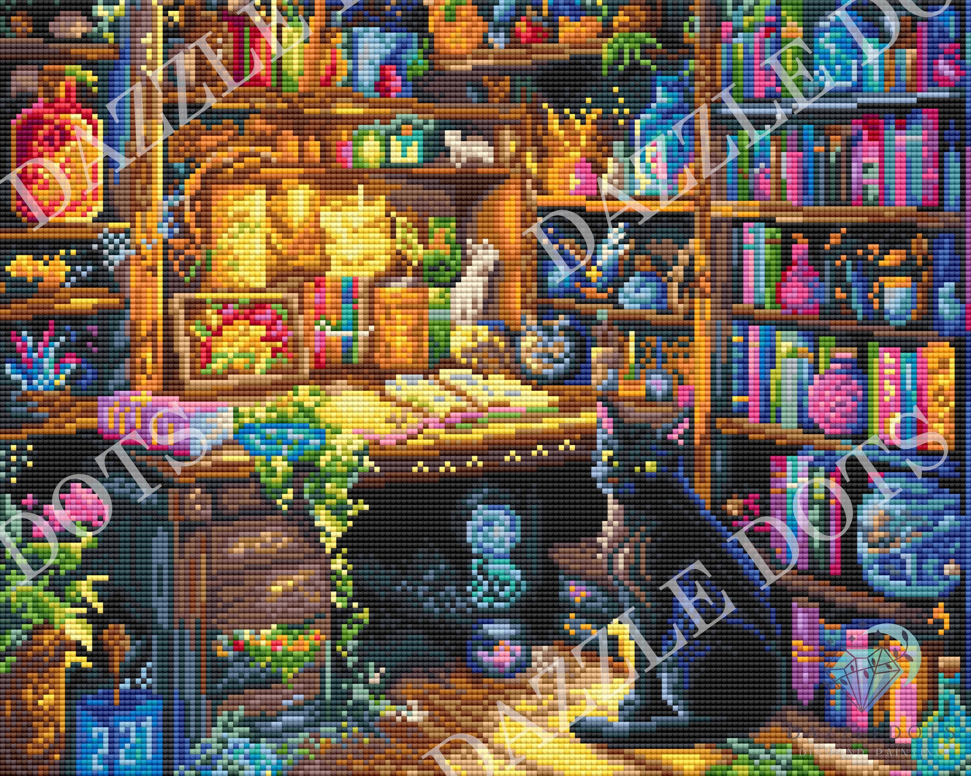 diamond art club kit, og a black cat in a library of books
