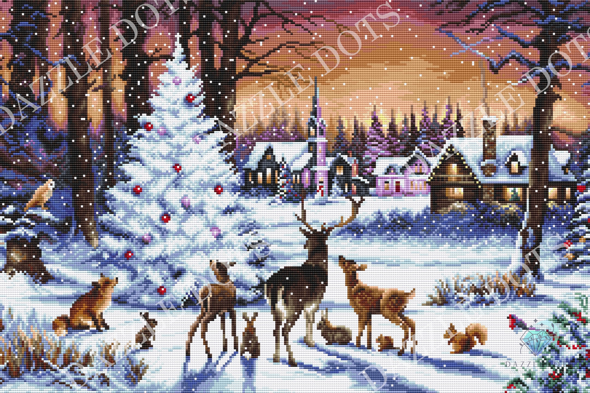 diamond art club kit depicting animals in the snoy woods