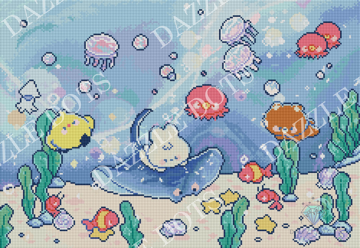 Pixel art underwater scene with a white cat in a blue swimsuit, jellyfish, fish, seaweed, bubbles, and shells on a sandy ocean floor. Faint repeated watermark text is visible across the artwork.