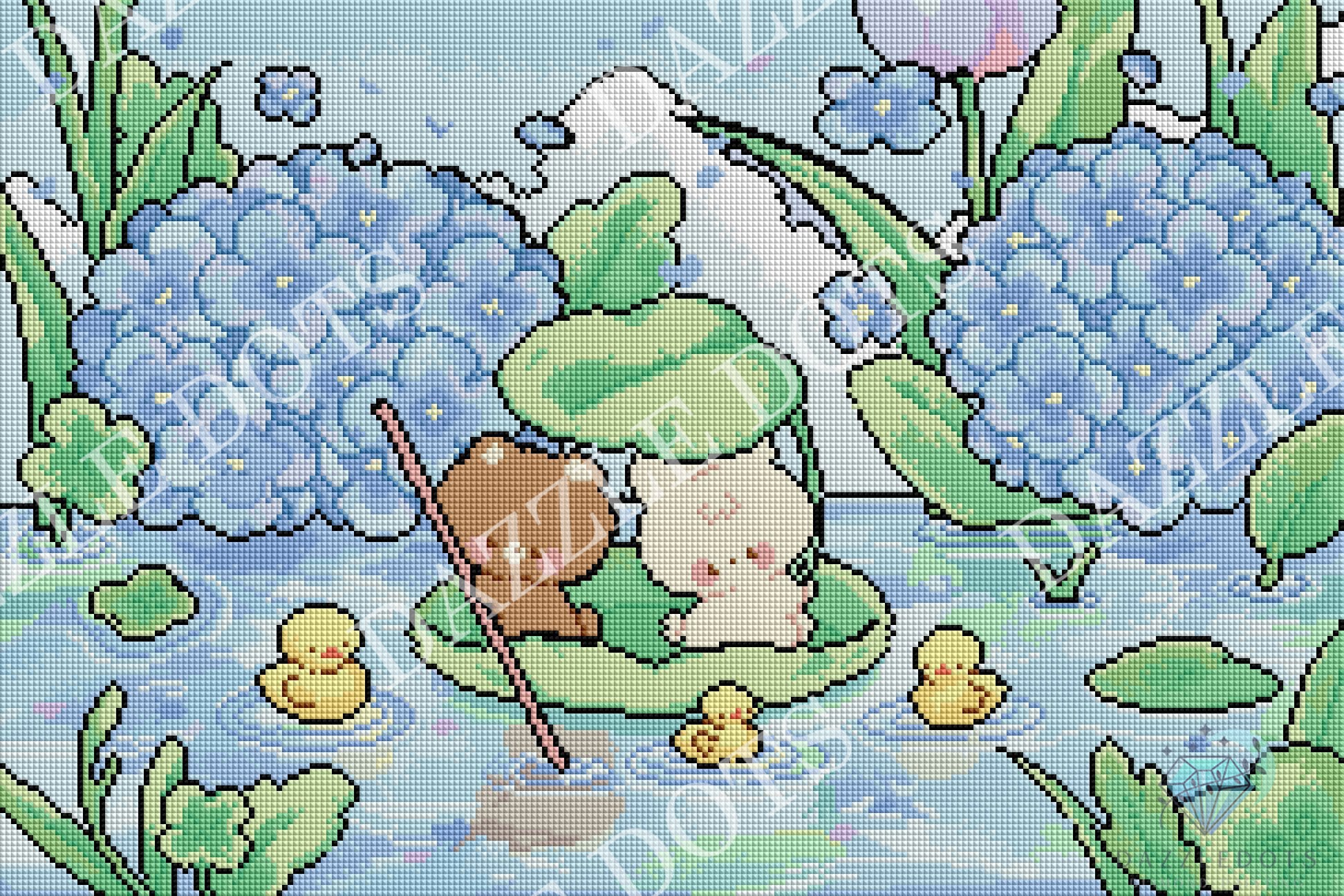 A pixel-art style pond scene with a small brown bear and white cat sitting together on a lily pad, surrounded by blue hydrangeas, green leaves, yellow ducklings, and a light blue water background. 