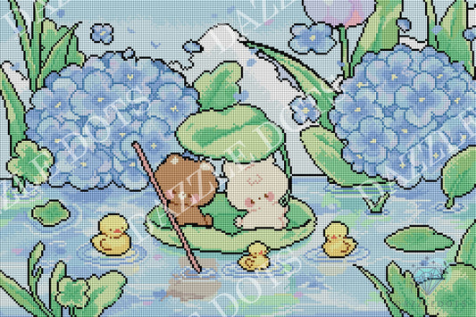 A pixel-art style pond scene with a small brown bear and white cat sitting together on a lily pad, surrounded by blue hydrangeas, green leaves, yellow ducklings, and a light blue water background. 