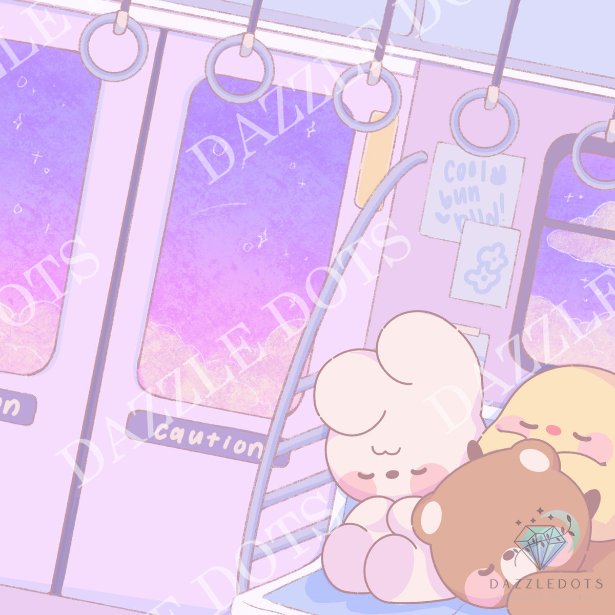 A pastel anime-style illustration of a train interior with lavender and purple windows, hanging straps, and two sleeping cartoon characters resting on a seat.