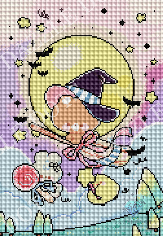 Pixel art illustration of a cute girl with brown skin and pink hair wearing a purple witch hat, flying in front of a large yellow moon. She holds a pink lollipop and has a pink bow on her sleeve, surrounded by black bats, stars, and a pastel purple sky.