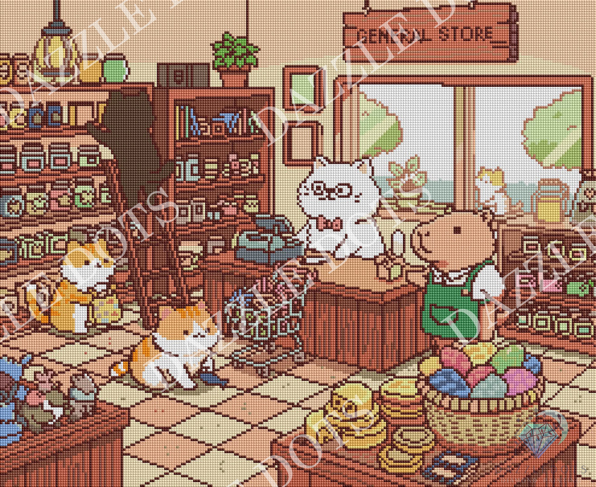 A pixel-art style illustration of a cozy general store interior with several cats and a pig character inside the shop. Shelves, counter, basket of colorful eggs, and a window are visible.