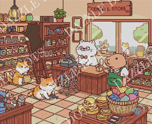 A pixel-art style illustration of a cozy general store interior with several cats and a pig character inside the shop. Shelves, counter, basket of colorful eggs, and a window are visible.