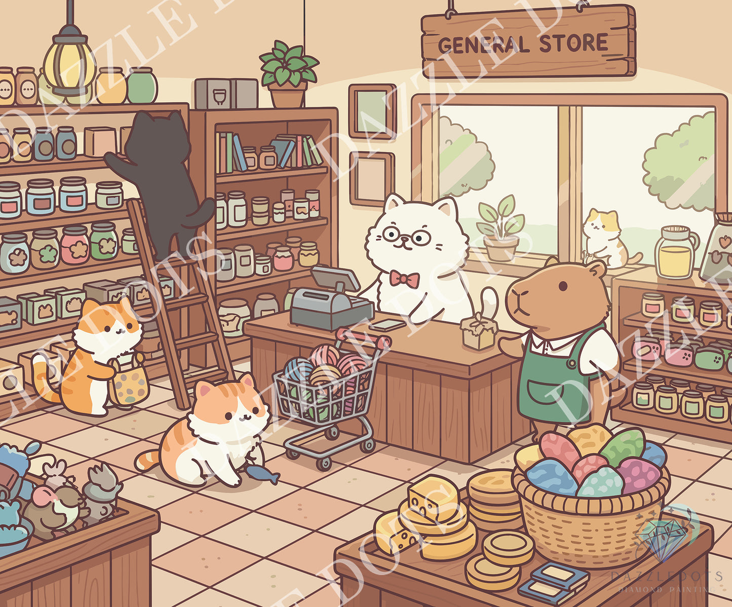 A whimsical cartoon illustration of a cozy general store interior with several cats and a bear interacting with shelves, a cash register, and baskets of goods. The scene is rendered in a warm, hand-drawn style with soft pastel colors