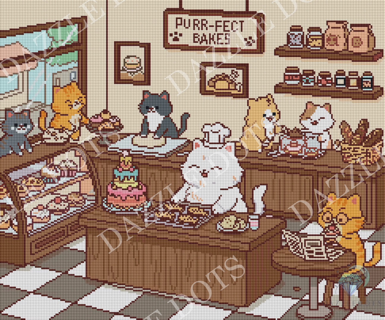 Pixel art illustration of a cozy cat-themed bakery scene with multiple cats working behind a counter, displaying pastries, cakes, bread, and a sign that reads 'PURR-FECT BAKES'.