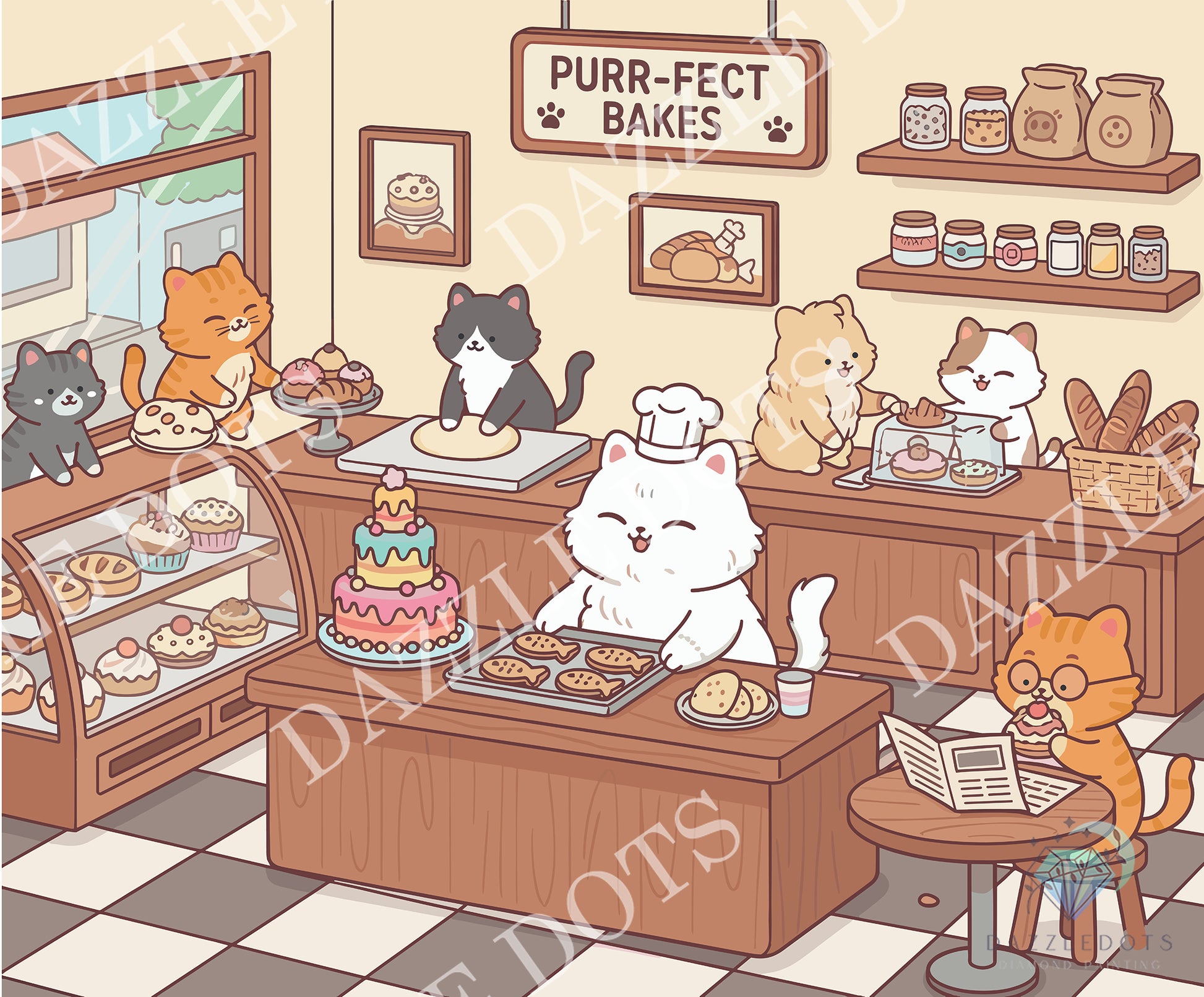 A cute cartoon bakery scene with multiple cats working and reading inside a bakery. A white cat in a chef hat stands behind a counter with pastries and a decorated cake, while other cats sit at tables or display cases.