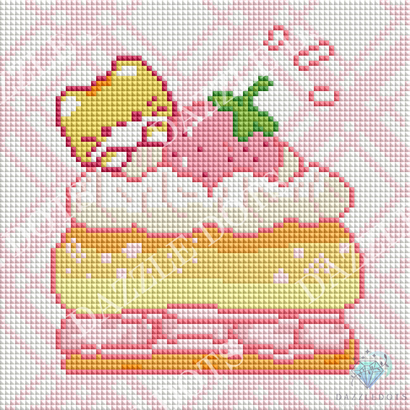 A diamond art style illustration of a strawberry cake with cream and a yellow character on top, set against a pink patterned background. 