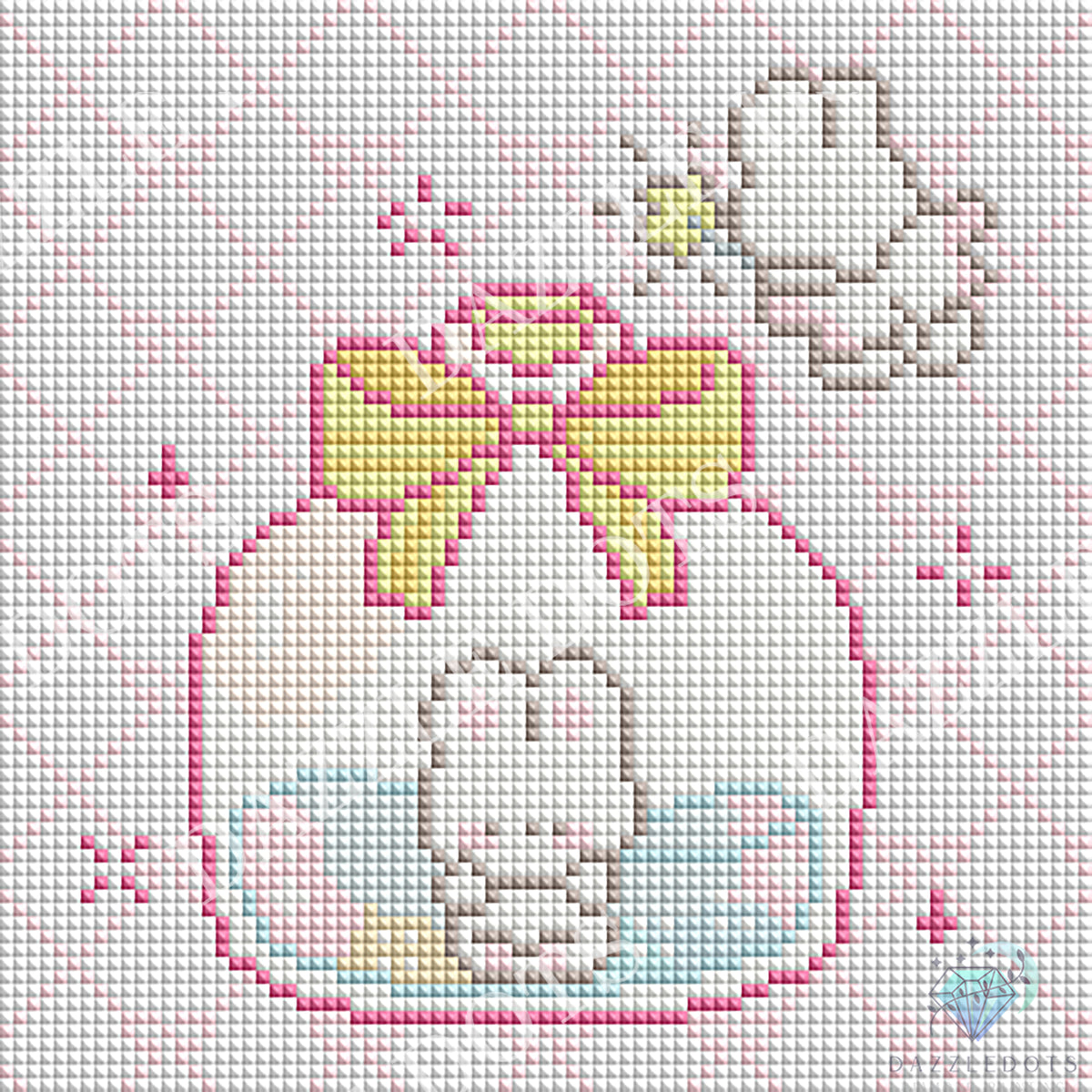 Funny bunny designs in a craft/diamond painting style on a white and pink background, with a Dazzledots watermark logo in the lower right.