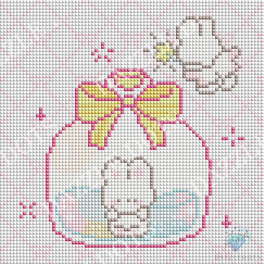 Funny bunny designs in a craft/diamond painting style on a white and pink background, with a Dazzledots watermark logo in the lower right.