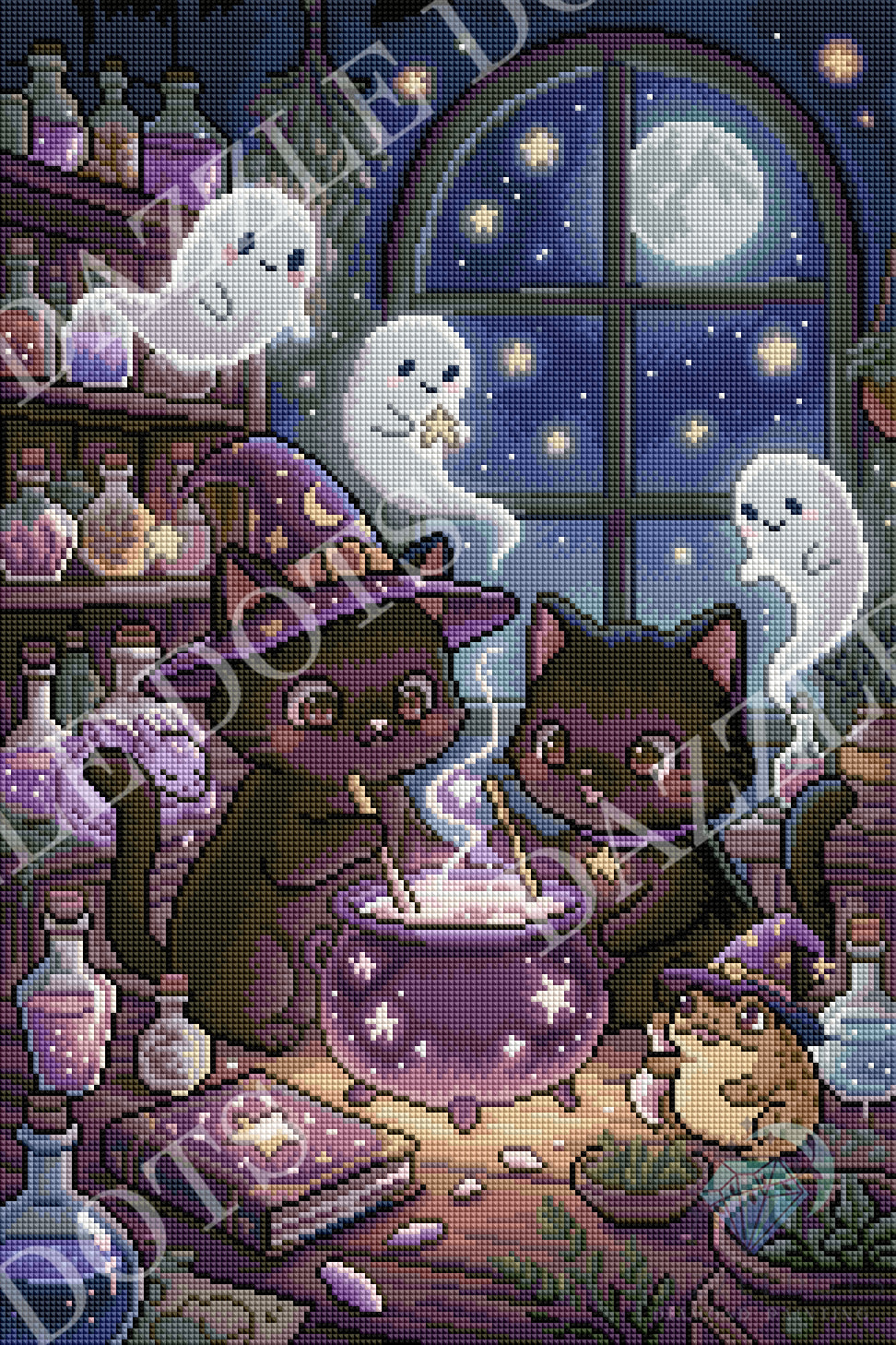 A diamond art illustration of two black cats dressed as witches around a glowing cauldron in a potion lab at night, with three white ghosts floating nearby and a full moon in the window. The scene is filled with purple, blue, and pink magical details.