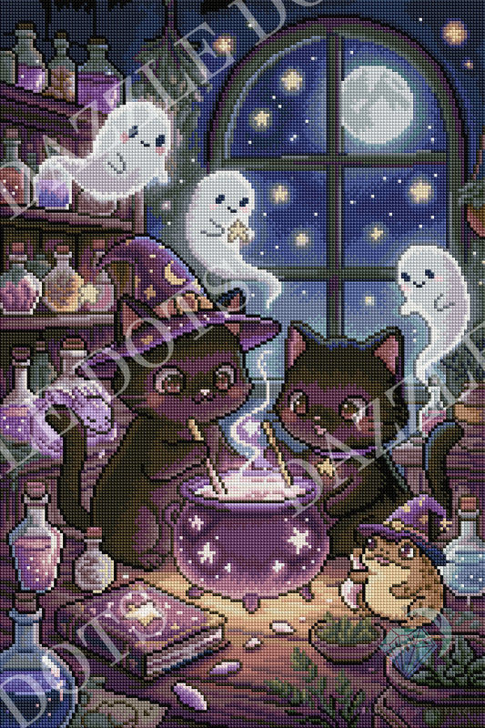 A diamond art illustration of two black cats dressed as witches around a glowing cauldron in a potion lab at night, with three white ghosts floating nearby and a full moon in the window. The scene is filled with purple, blue, and pink magical details.