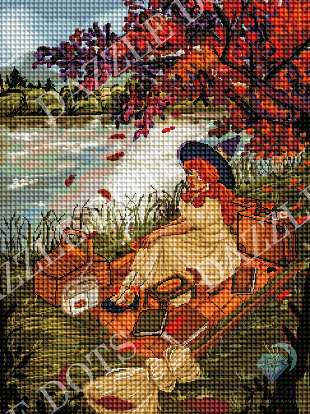 A pixel-art style illustration of a woman in a witch hat sitting on a dock by a river, surrounded by autumn trees with red and purple leaves. Books, a basket, and a broom are visible in the scene.