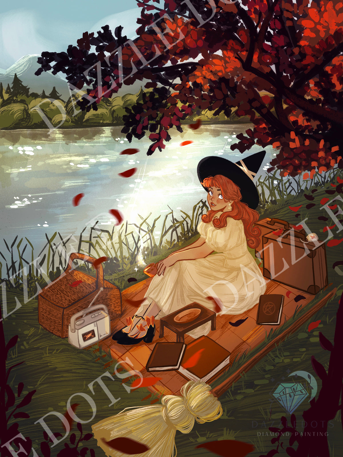 A stylized illustration of a woman in a witch hat and white dress sitting on a log by a lake, surrounded by autumn leaves, books, a basket, and a broom.