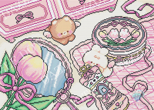 A close-up of a pastel cross-stitch or needlework design featuring pink and white patterns, a small tan bear, pink tulips, a mirror, and decorative ribbon details on a white fabric background.