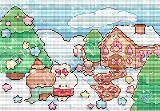 A diamond painting art winter village scene with snow, decorated trees, a gingerbread house, candy canes, and two cute characters in the foreground. The artwork appears to be the product itself rather than a photo of a physical item in a real environment, so this fits Scenery.